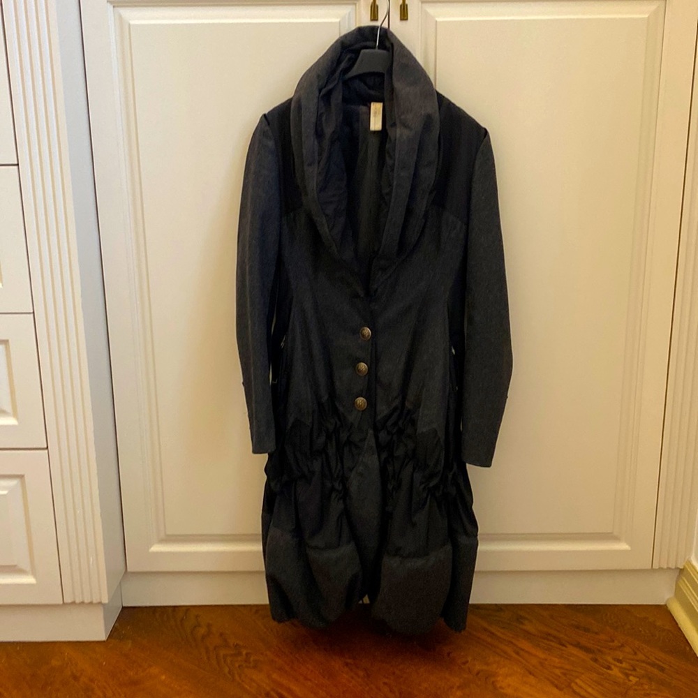 Winter coat by HIGH.  Grey and black.  Beautifully tailored.